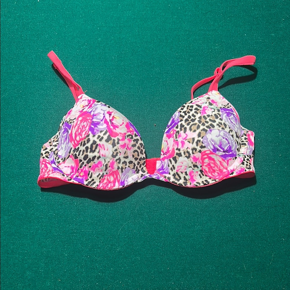 Floral Leopard Print Bra with Pink Straps
